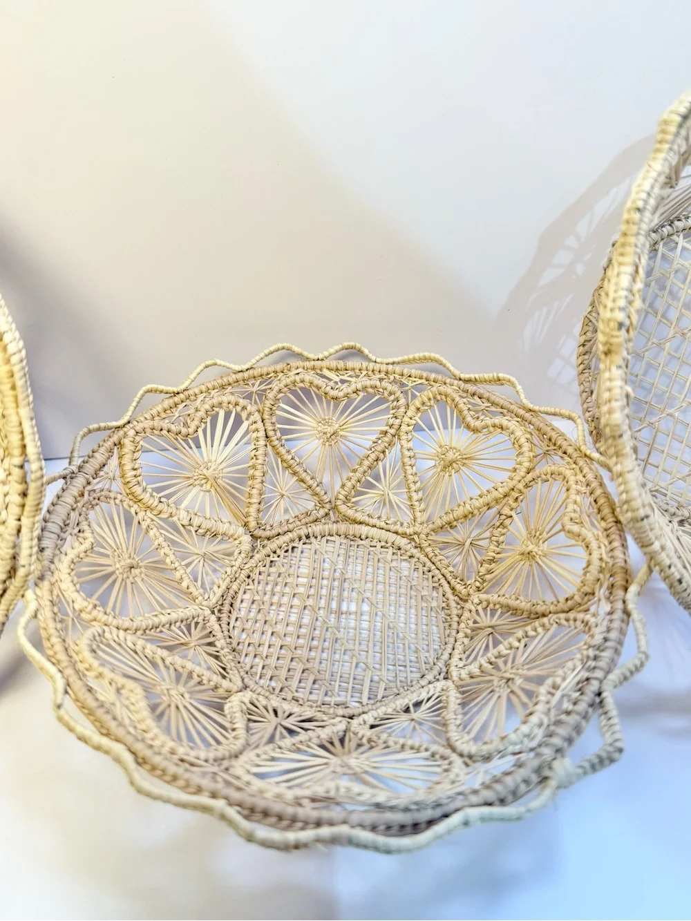 Vintage Cream Woven Rattan Decorative Bowls set of 3 folk art bohemian